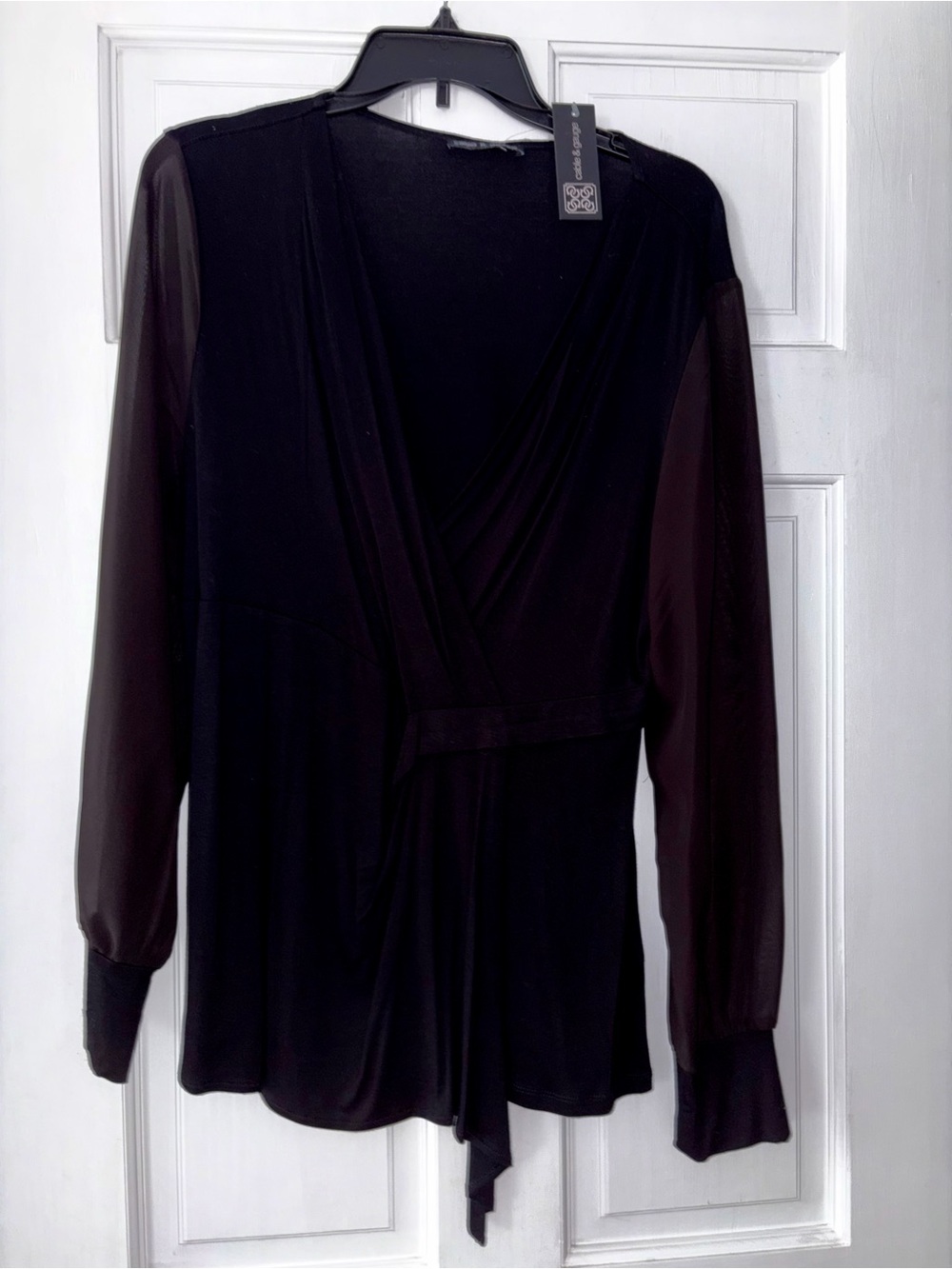 Cable & Gauge Black Sheer-Sleeve Wrap Top